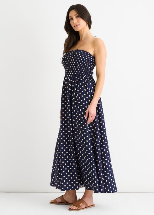 Marineblaues, gerafftes Oberteil, Viskose-Midi-Kleid mit Punktmuster - Image 3