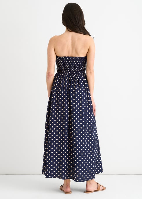 Marineblaues, gerafftes Oberteil, Viskose-Midi-Kleid mit Punktmuster - Image 4