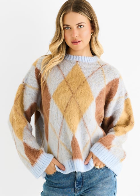 Runder-Ausschnitt-Pullover aus blauem Argyle-Strick - Image 2