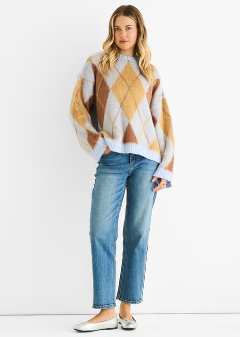Runder-Ausschnitt-Pullover aus blauem Argyle-Strick - Image 3