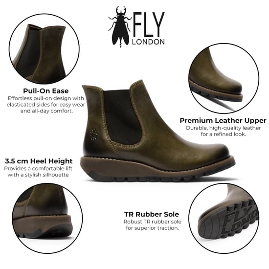Fly London Damen Diesel Green Chelsea Leder-Knöchelstiefel – SALV195 - Image 2