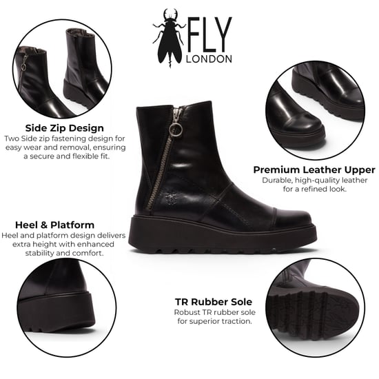 Fly London Damen Schwarze Leder-Reißverschluss-Plattform-Knöchelstiefel – TARP553FLY - Image 2