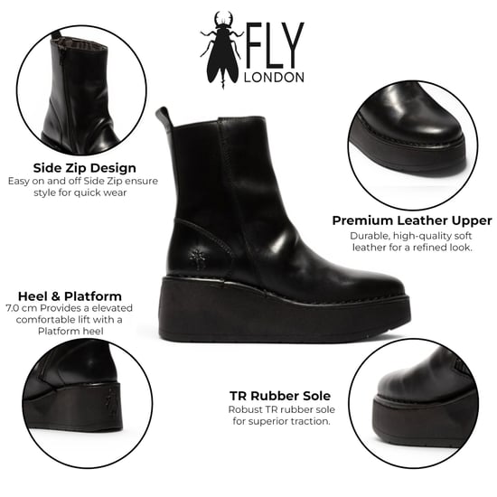 Fly London Damen Schwarze Leder-Keilfersen-Plattformstiefel – HEIJ272 - Image 2
