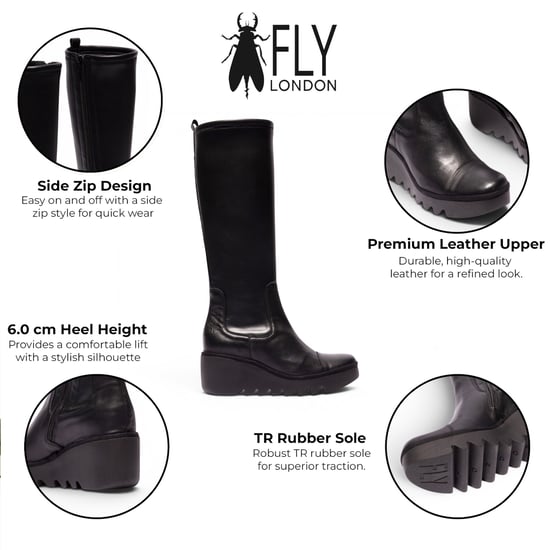 Fly London Damen Schwarze Lederstiefel mit hohem Keilabsatz – BUDI603 - Image 2