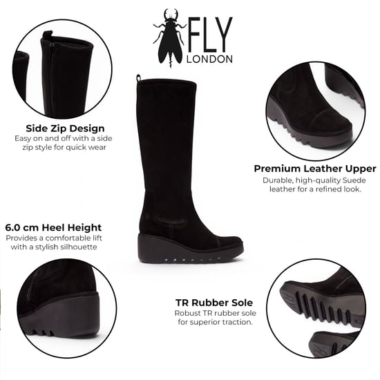 Fly London Damen-Schwarze Wildlederstiefel mit hohem Keilabsatz – BUDI603 - Image 2