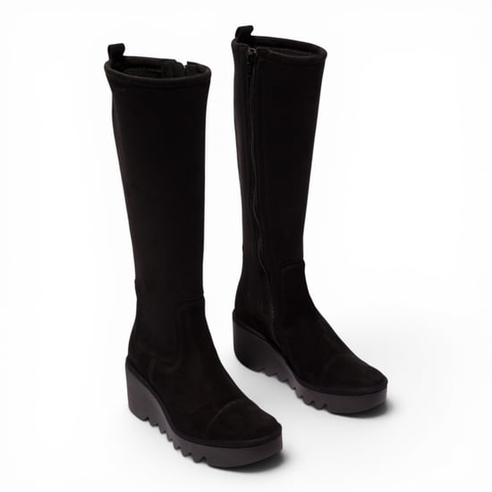 Fly London Damen-Schwarze Wildlederstiefel mit hohem Keilabsatz – BUDI603 - Image 3