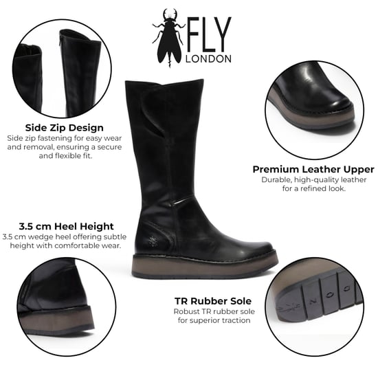 Fly London Damen Schwarze Lederstiefel mit hohem Zug – RHEA042 - Image 2