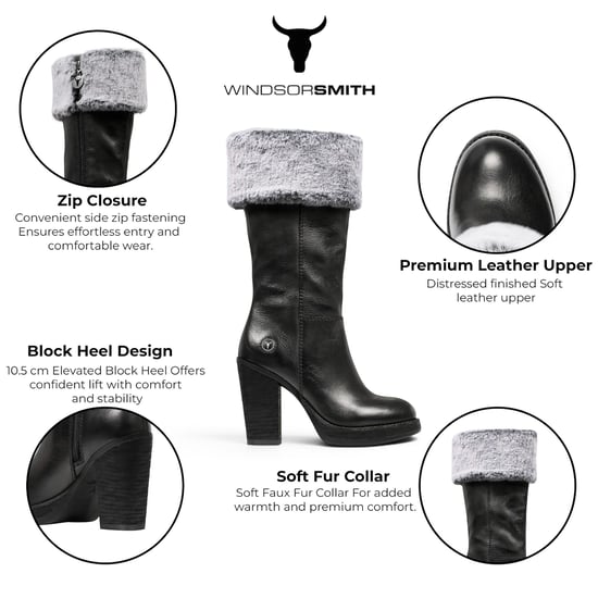 Windsorsmith Damen-Schwarze Leder-Fellstiefel mit hohem Absatz für Damen bis zur Mitte der Wade – Lovestruck - Image 2
