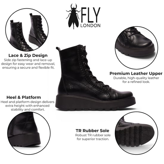 Fly London Damen Schwarze Leder-Schnürstiefel mit Keilabsatz – TERY554 - Image 2