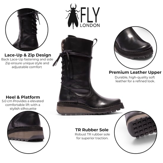 Fly London Damen-Schwarze Lederstiefel bis zur Mitte der Wade – HEIG229 - Image 2