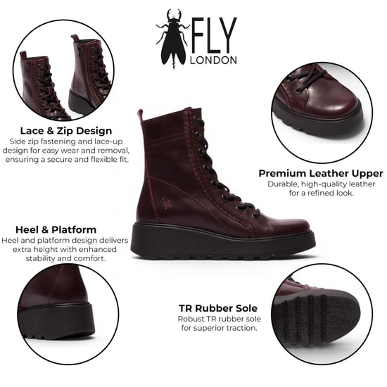 Fly London Womens Wine Leather Schnürstiefel mit Keilabsatz – TERY554 - Image 2