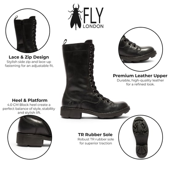 Fly London Women's Black Leather Schnürstiefel für Kampf-Knöchel – NOLE176 - Image 2