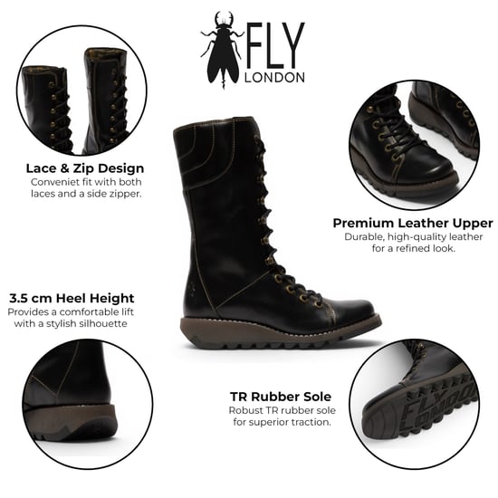 Fly London Women's Black Leather Strike-Up Combat Ankle Boots – STER768 - Image 2