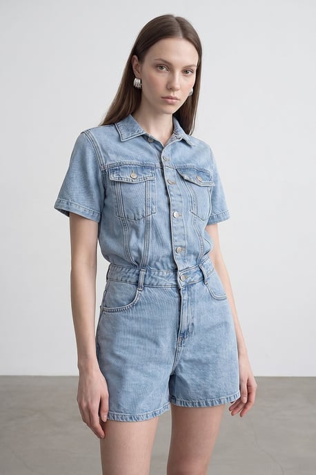 Denim-Geschirrhosen-Shorts mit Hemdkragen - Image 1