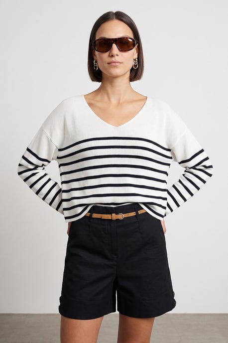 Gestreifter V-Ausschnitt Rippstrickpullover - Image 1