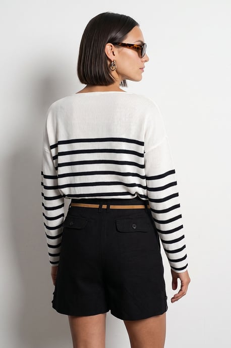 Gestreifter V-Ausschnitt Rippstrickpullover - Image 2