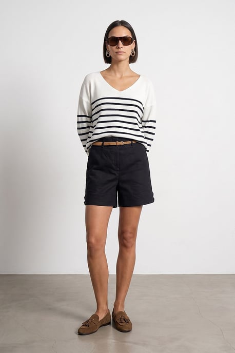 Gestreifter V-Ausschnitt Rippstrickpullover - Image 4