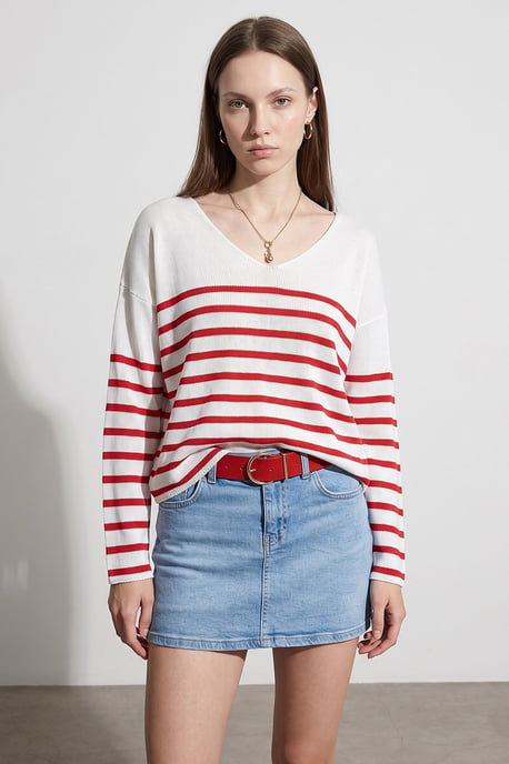 Gestreifter V-Ausschnitt Rippstrickpullover - Image 3