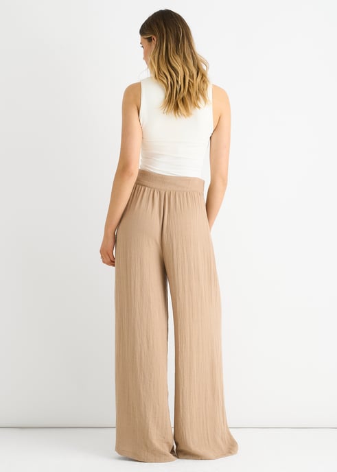 Hose mit Paperbag-Taille und weitem Bein in der Farbe Camel - Image 4