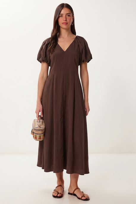 Damen A-Linien Midi Kleid mit V-Ausschnitt - Image 1