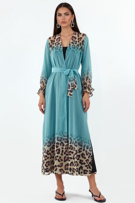 Bedruckter Maxi Chiffon Umhang mit Gürtel - Image 1