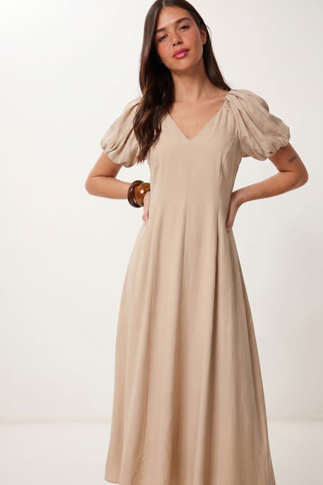 Damen A-Linie Midi Kleid mit V-Ausschnitt - Image 1