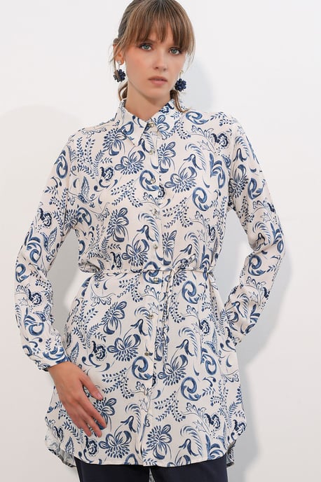 Blumen-Viskose-Crepe Gürtel-Bluse lang - Image 3
