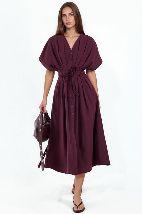 Lässiges V-Ausschnitt Midi-Hemd Kleid - Image 1