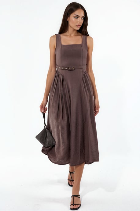 Kleid mit quadratischem Kragen und Taillengürtel in Midi-Länge - Image 1