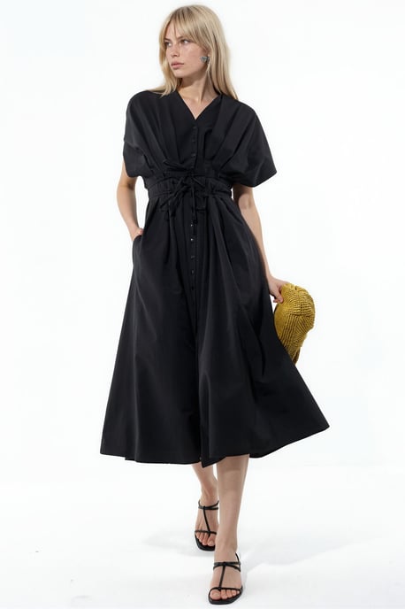 Lässiges V-Ausschnitt Midi-Hemd Kleid - Image 1