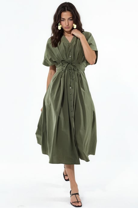 Lässiges V-Ausschnitt Midi-Hemd Kleid - Image 1