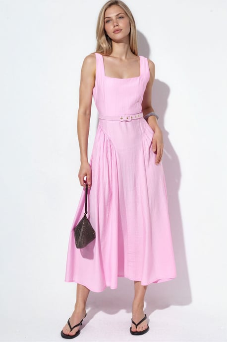 Kleid mit quadratischem Kragen und Taillengürtel in Midi-Länge - Image 1