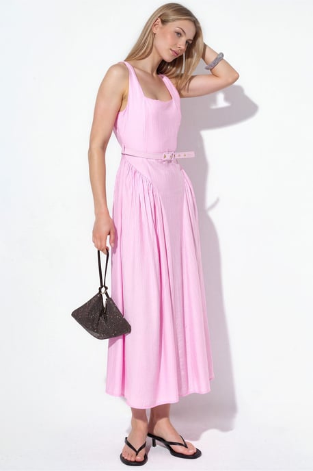 Kleid mit quadratischem Kragen und Taillengürtel in Midi-Länge - Image 2
