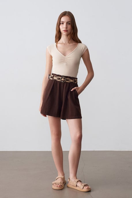 Hochgradige Weitbeinige Popeline-Shorts mit Gürtel - Image 1
