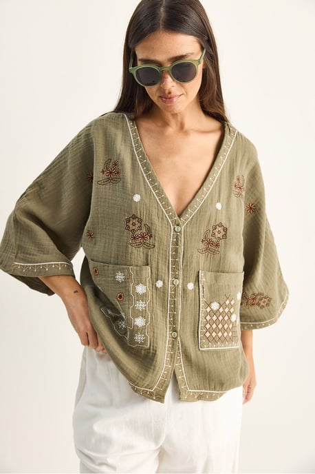 Besticktes Baumwollcrepe V-Ausschnitt-Shirt - Image 4