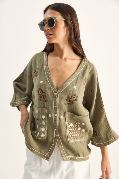 Besticktes Baumwollcrepe V-Ausschnitt-Shirt - Image 6