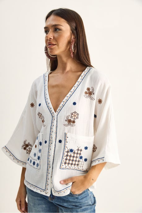 Besticktes Baumwollkrepp-V-Ausschnitt-Shirt - Image 2