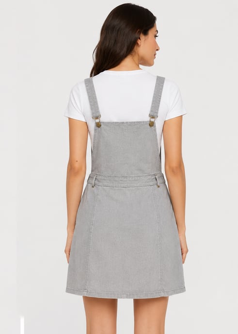 Graues Skater-Mini-Kleid aus Wildleder mit quadratischem Ausschnitt und Latz - Image 2