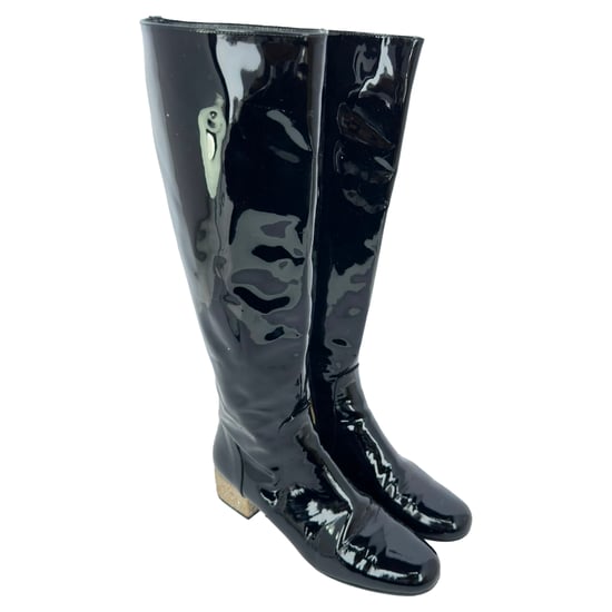 Saint Laurent Glitzer-Kniestiefel mit Absatz aus schwarzem Lackleder - Image 4
