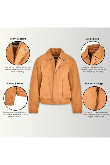 Damen-Tan Leder-Biker Blouson Bomber Oversize-Jacke – Moon - Image 4