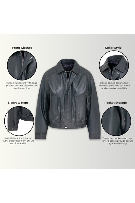 Damen Navy Leder Biker Blouson Bomber Oversized Jacke – Moon - Image 4