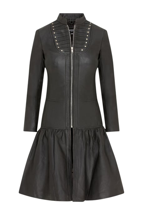 Damen-Ribet Goth Schwarzes Leder, viktorianischer Stachelmantel mit Flare – Nebel - Image 2