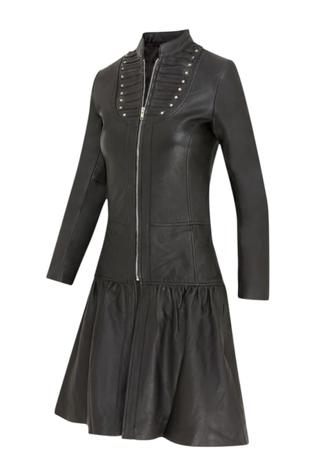 Damen-Ribet Goth Schwarzes Leder, viktorianischer Stachelmantel mit Flare – Nebel - Image 3