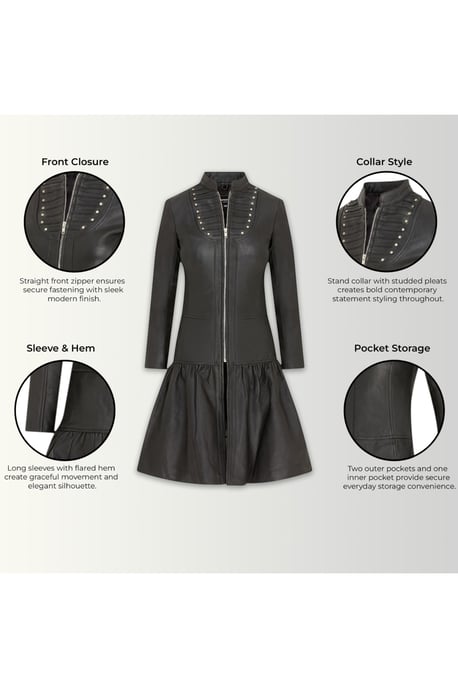 Damen-Ribet Goth Schwarzes Leder, viktorianischer Stachelmantel mit Flare – Nebel - Image 4