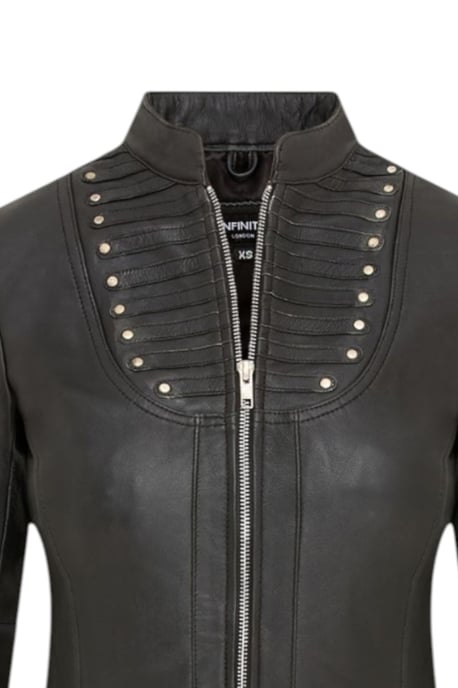 Damen-Ribet Goth Schwarzes Leder, viktorianischer Stachelmantel mit Flare – Nebel - Image 6