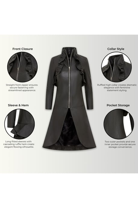 Infinity Leather Damenfrack aus Leder mit hohem Kragen und viktorianischem Saum, Everly - Schwarz - Image 4