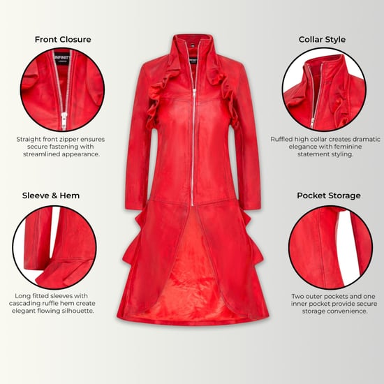 Damen-Goth-Rotlederfrack mit hohem Kragen und viktorianischer Flare – Challa - Image 2