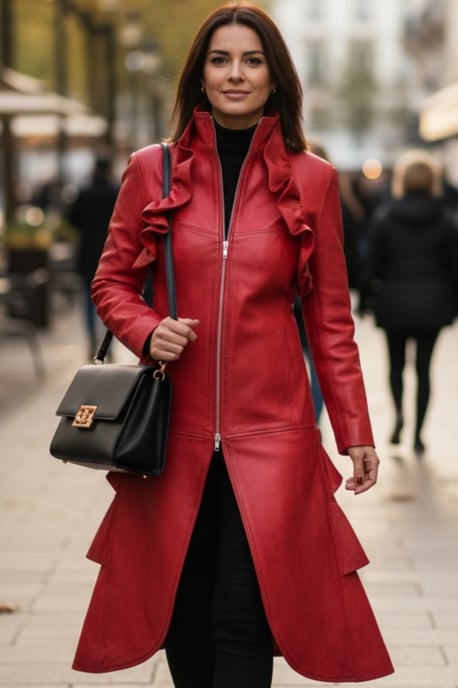 Damen-Goth-Rotlederfrack mit hohem Kragen – Everly - Image 1