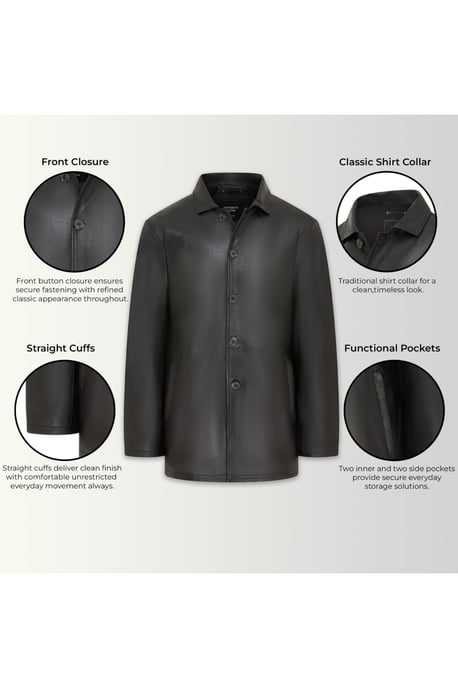 Herren schwarze Lederjacke mit langem Kragen – Wappen - Image 4