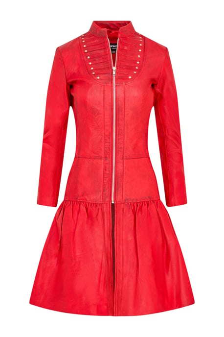 Damen-Ribet Goth Rotleder, viktorianischer Nietenmantel mit Flare – Nebel - Image 2
